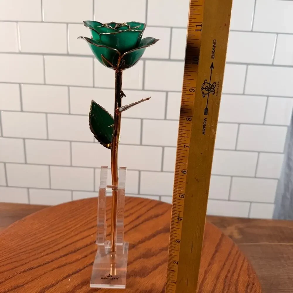 DeFaith 24k Gold Dipped Lacquered Green Rose with Acrylic Stand